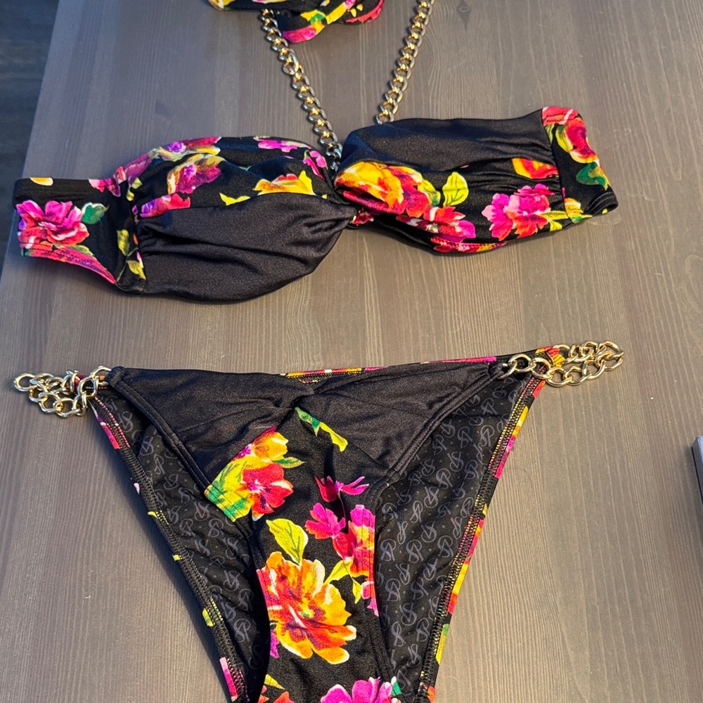 Victoria's Secret Black Floral Bandeau Bikini with Gold Chain Straps
